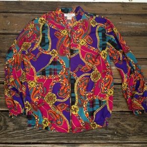 Truffles YB Floral Bomber Jacket Sz M Pink Purple Gold Polyester Vintage 80s 90s